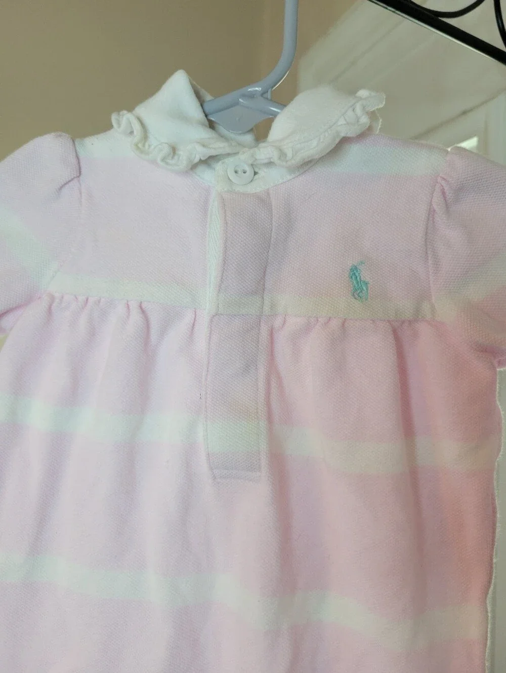 Vintage Polo Ralph Lauren Pink & White Striped Pony Logo One Piece, Size 3-6M